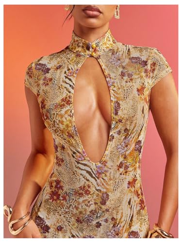 WDIRARA Women's Floral Animal Print Maxi Dress See Through Mock Neck High Split Ruffle Long Dress Yellow Large - Image 5