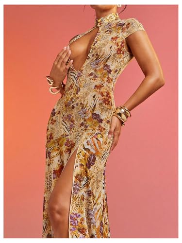 WDIRARA Women's Floral Animal Print Maxi Dress See Through Mock Neck High Split Ruffle Long Dress Yellow Large - Image 4