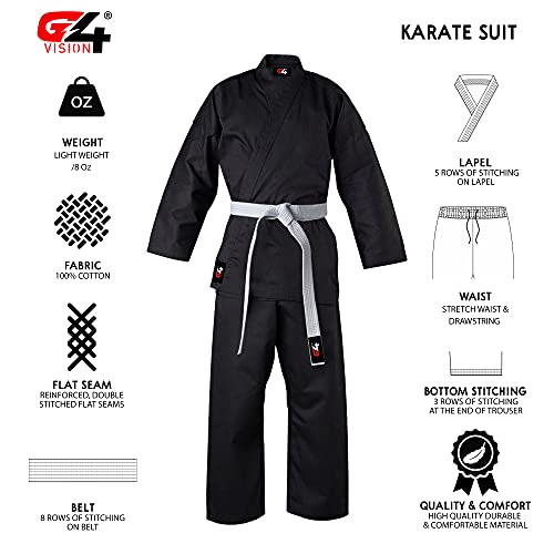 G4 VISION G4 Karate Gi Aikido Training Uniform Set - Adult Student with Free Belt, White and Black Martial Arts Suit Black 7/200cm - Image 3