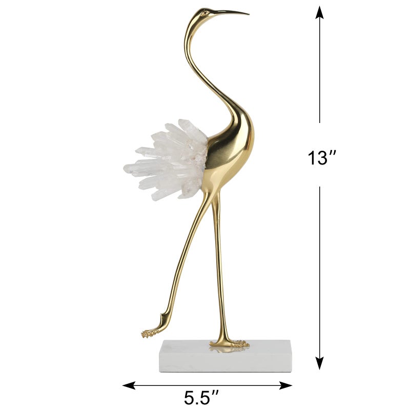 suruim Elegant Gold Crane Bird Statues with Crystal Tail Accents, Decorative Brass Figurines for Home Decor (White B) - Image 4