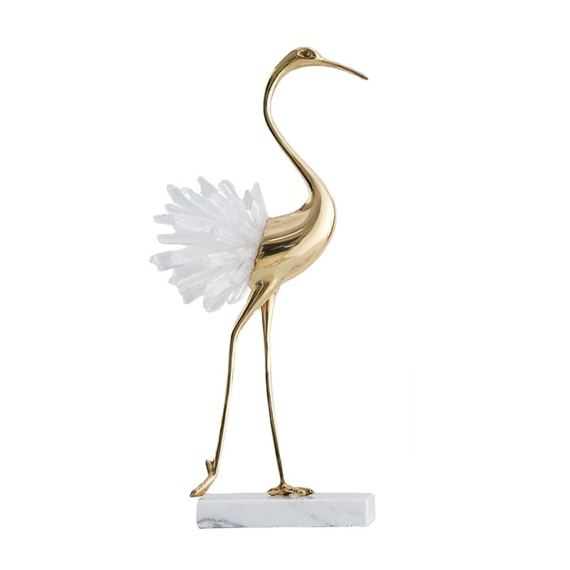 suruim Elegant Gold Crane Bird Statues with Crystal Tail Accents, Decorative Brass Figurines for Home Decor (White B) - Image 1