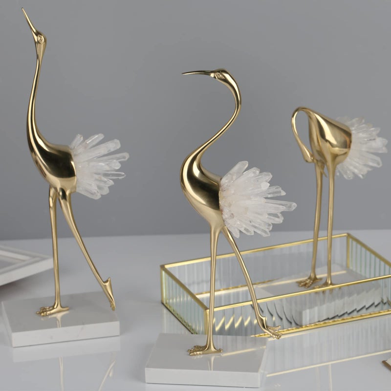 suruim Elegant Gold Crane Bird Statues with Crystal Tail Accents, Decorative Brass Figurines for Home Decor (White B) - Image 3