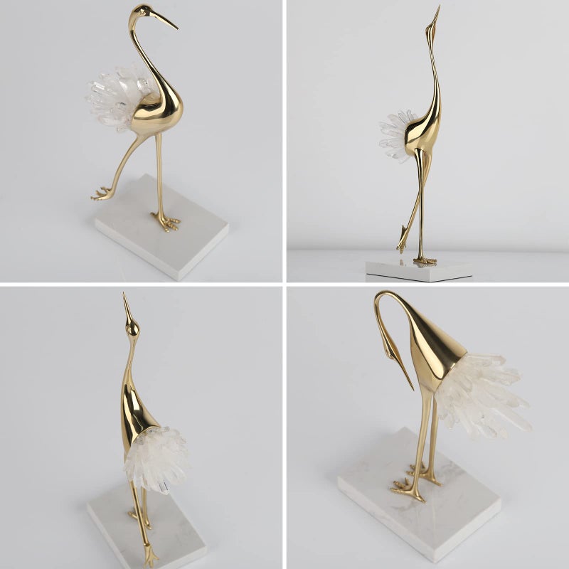 suruim Elegant Gold Crane Bird Statues with Crystal Tail Accents, Decorative Brass Figurines for Home Decor (White B) - Image 5