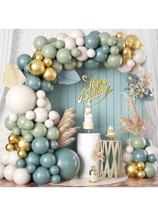 طقم أقواس البالونات من Dusty Sage Green Blue Gold، 107 قطعة من مجموعة قوس البالونات باللون الأخضر الزيتوني الفاتح والأزرق الداكن والبيج المعدني الذهبي للنساء والرجال وحفلات أعياد الميلاد وحفلات الزفاف وحفلات استقبال المولود وحفلات الزفاف - Image 1