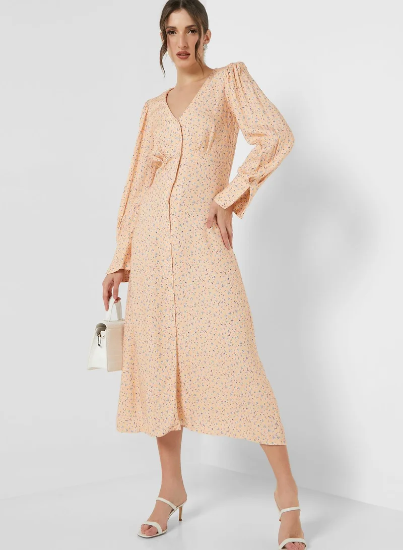 Closet London V-Neck Button Detail Printed Dress