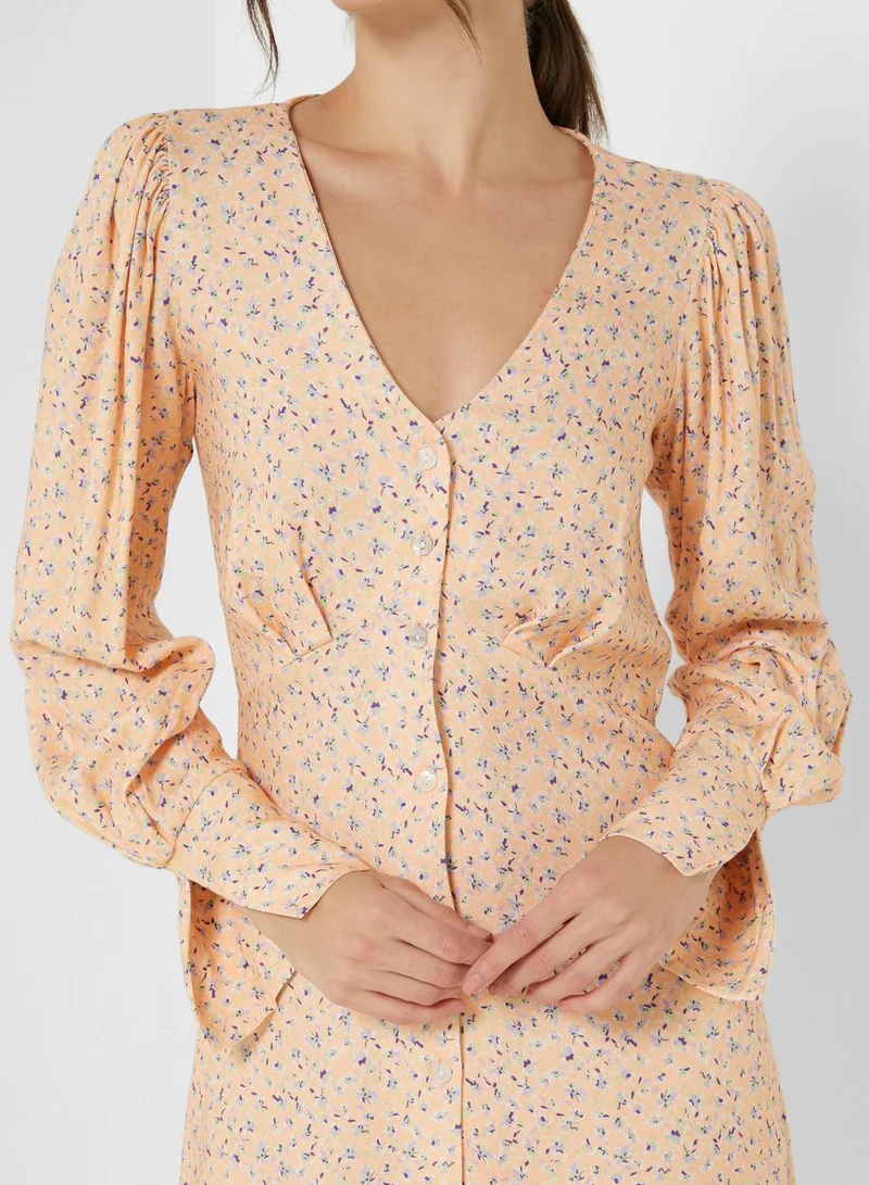 Closet London V-Neck Button Detail Printed Dress