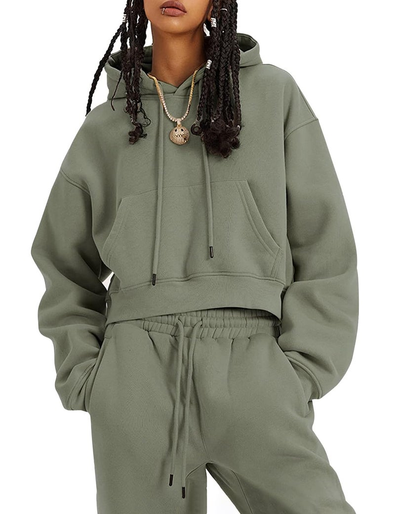 Flygo Womens Fleece 2 Piece Outfits Sweatsuit Crop Pullover Sweatshirt Joggers Pants Tracksuit Set(GreyGreen-L) - Image 1