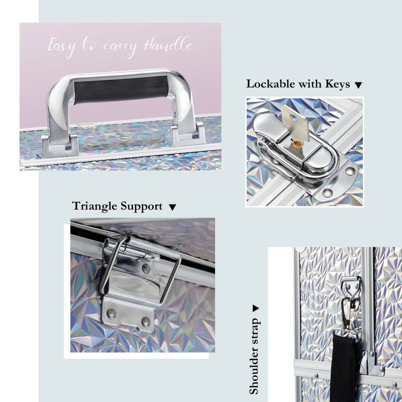 Joligrace Makeup Train Case Large 6 Tray Professional Organizer Box - Cosmetic Make Up Carrier with Lock & Key Carrying Strap for Studio Artist & Stylist Silver - Holographic Iridescent Style - Image 5