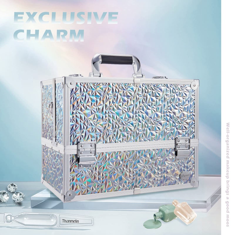 Joligrace Makeup Train Case Large 6 Tray Professional Organizer Box - Cosmetic Make Up Carrier with Lock & Key Carrying Strap for Studio Artist & Stylist Silver - Holographic Iridescent Style - Image 2