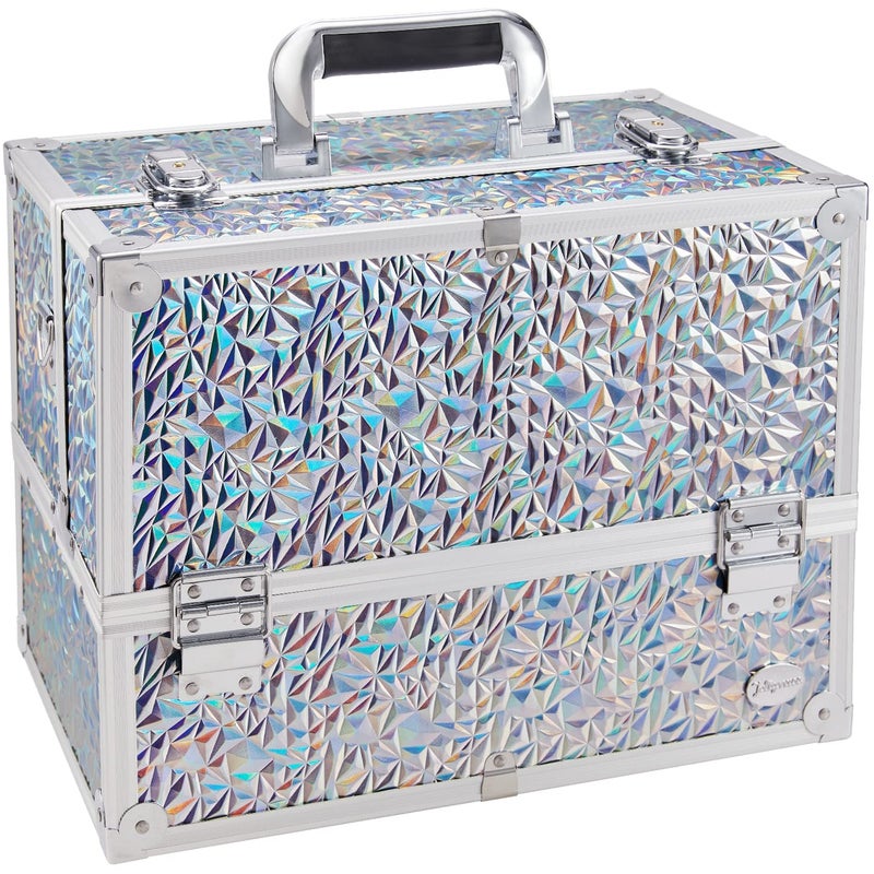 Joligrace Makeup Train Case Large 6 Tray Professional Organizer Box - Cosmetic Make Up Carrier with Lock & Key Carrying Strap for Studio Artist & Stylist Silver - Holographic Iridescent Style - Image 1
