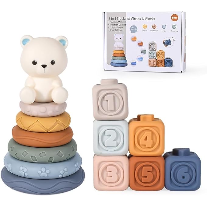 BABY STACKING TOYS, MONTESSORI STACKING TOYS, 13 PCS SQUEEZE BABY TEETHING TOYS STACKING RINGS & BLOCKS WITH BEAR, NEWBORN ESSENTIALS FOR 6 MONTHS BABY TODDLER - Image 2