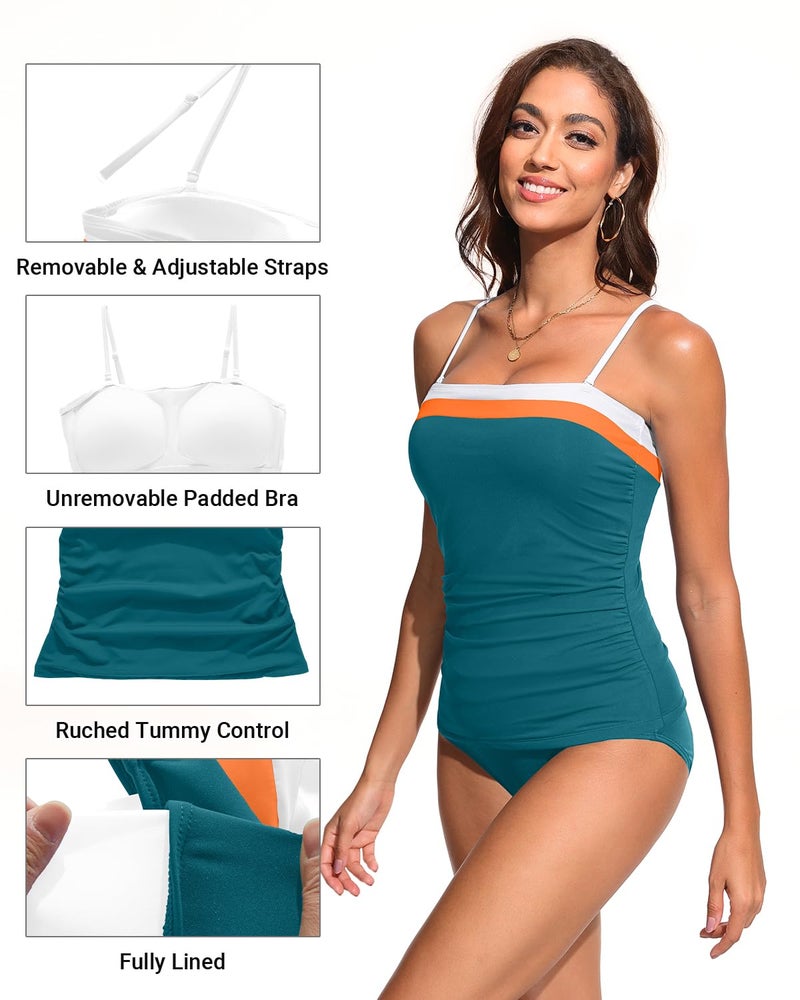 Daci Teal and Orange Bandeau Tankini Swimsuits for Women - Two Piece Ruched Tummy Control Bathing Suit Strapless Swimwear with Bottom M - Image 4