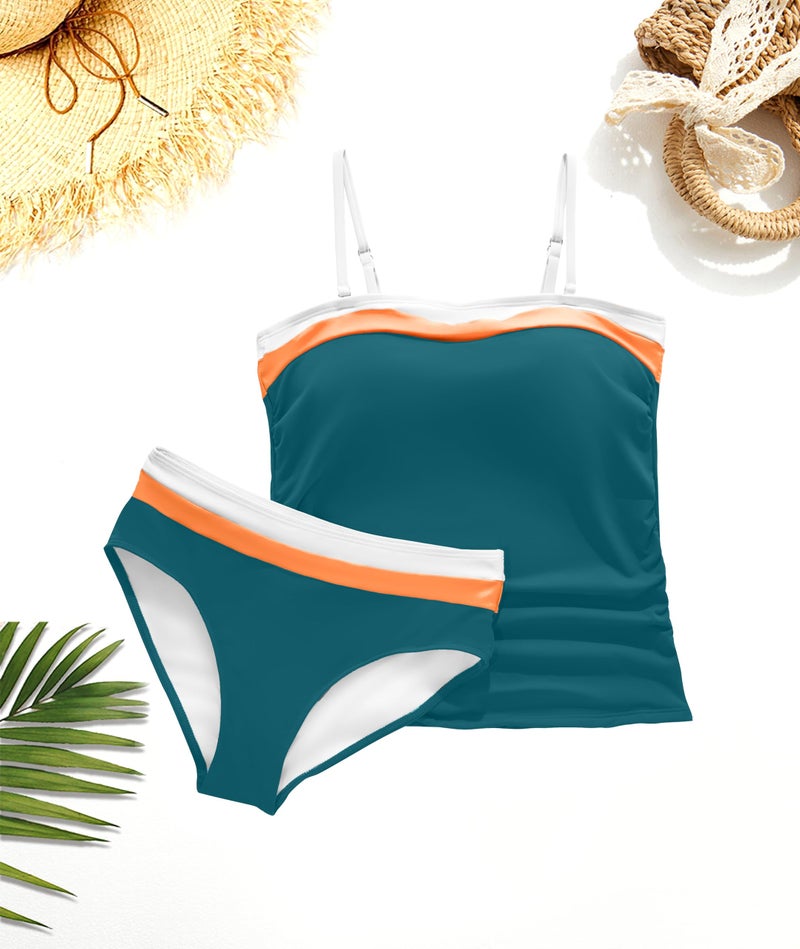Daci Teal and Orange Bandeau Tankini Swimsuits for Women - Two Piece Ruched Tummy Control Bathing Suit Strapless Swimwear with Bottom M - Image 3