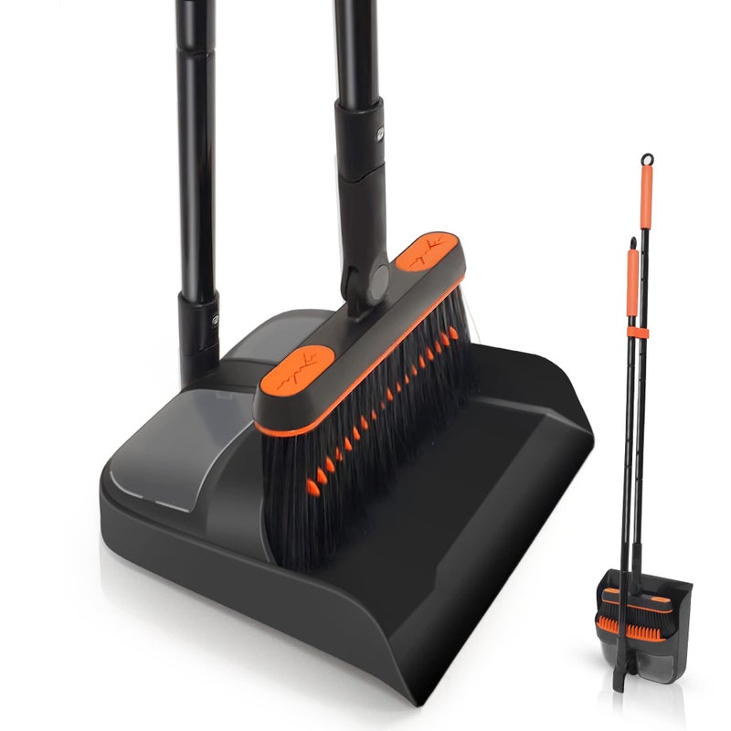 JEHONN Broom and Dustpan Set for Home Long Handle Lightweight 180 Degree Rotating Broom Set Indoor Upright Standing Dust Pan with Comb Teeth Store Sweep Set for Room Kitchen Office Lobby