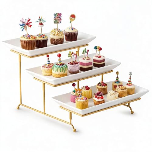 Gomakren 3 Tier Serving Stand with Porcelain Serving Platter Tray - Collapsible Gold Stand with 3 Piece Large14 Inch White Plates for Food Presentation Dessert Server Display and Entertaining - Image 1