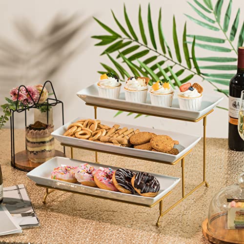 Gomakren 3 Tier Serving Stand with Porcelain Serving Platter Tray - Collapsible Gold Stand with 3 Piece Large14 Inch White Plates for Food Presentation Dessert Server Display and Entertaining - Image 3