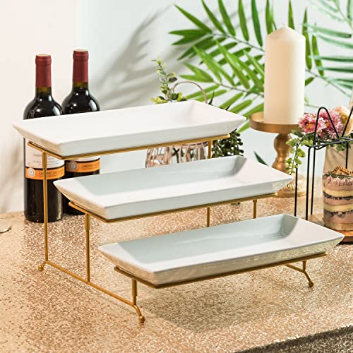 Gomakren 3 Tier Serving Stand with Porcelain Serving Platter Tray - Collapsible Gold Stand with 3 Piece Large14 Inch White Plates for Food Presentation Dessert Server Display and Entertaining - Image 5