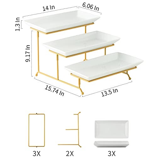 Gomakren 3 Tier Serving Stand with Porcelain Serving Platter Tray - Collapsible Gold Stand with 3 Piece Large14 Inch White Plates for Food Presentation Dessert Server Display and Entertaining - Image 2