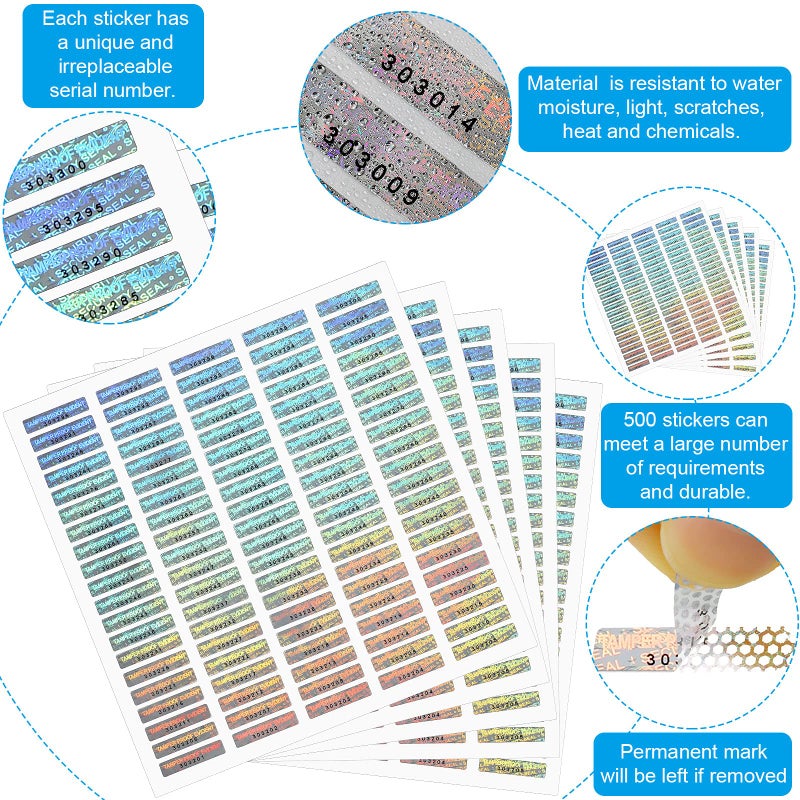 Marspark 500 Pieces Silver Security Tamper Evident Seals Stickers Void Original Genuine Authentic Hologram Labels Tamper Proof Evident Stickers Sequential Serial Numbering, 0.24 x 1 Inch - Image 3