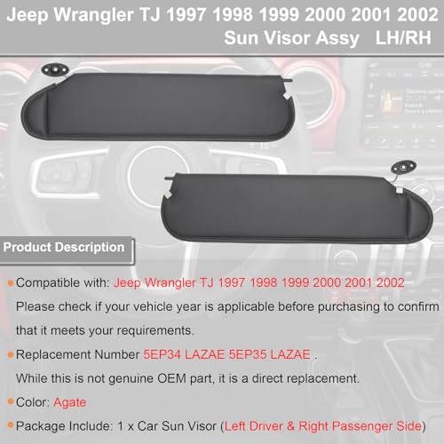 NHILES Left Driver & Right Passenger Sun Visor Compatible with Jeep Wrangler TJ 1997-2002 Sunshade Replacement Number 5EP34 LAZAE 5EP35 LAZAE Color: Black - Image 2