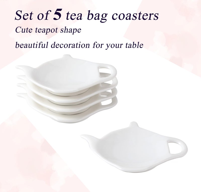 PRECITIME White Porcelain Tea Bag Plate Set of 5, Five Pieces of Tea Bag Coasters, Used Tea Bag Holder, Classic Teaspoon Rest pad, Tea Bag Rest Dish, Tea Party - Image 2