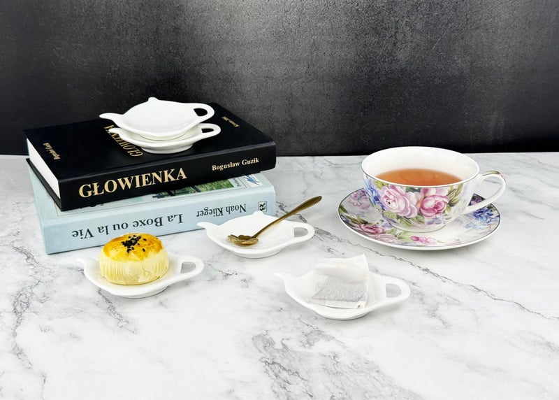 PRECITIME White Porcelain Tea Bag Plate Set of 5, Five Pieces of Tea Bag Coasters, Used Tea Bag Holder, Classic Teaspoon Rest pad, Tea Bag Rest Dish, Tea Party - Image 5