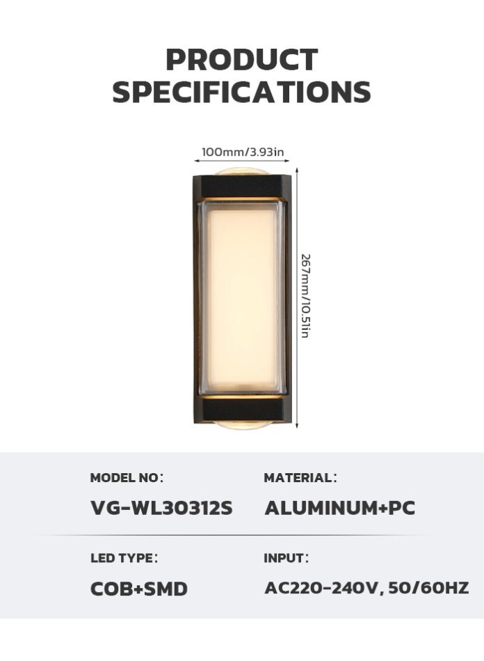 Vmax Modern 12W Outdoor LED Wall Light – IP65 Waterproof Up & Down Sconce – Compact 960LM Aluminum Wall Lamp for Entrances, Balconies, and Villas - Image 5