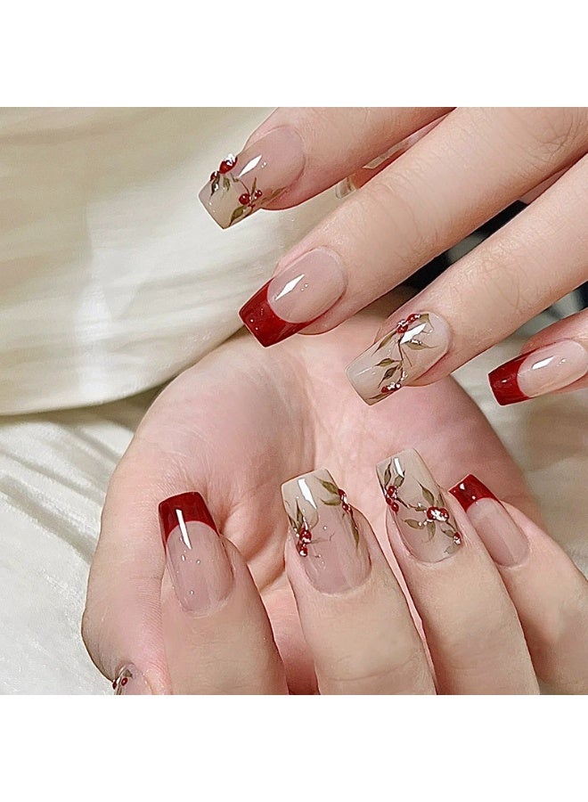 Goolsky أظافر فرنسية قصيرة مزينة بالفاصوليا الحمراء - ملابس للمواعيد الرومانسية - Image 5