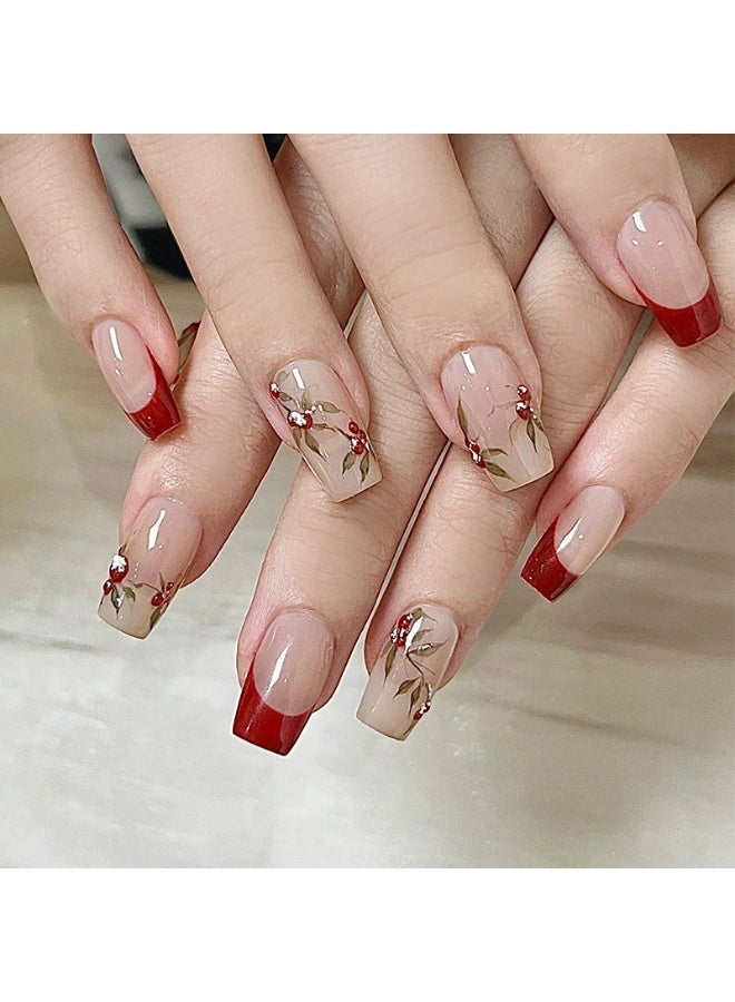 Goolsky أظافر فرنسية قصيرة مزينة بالفاصوليا الحمراء - ملابس للمواعيد الرومانسية - Image 1