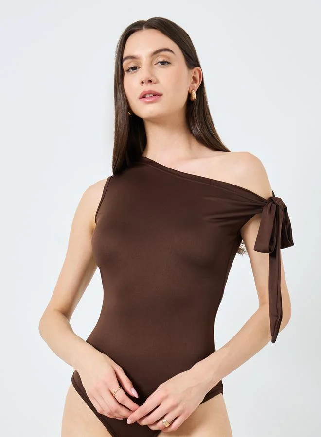 Take Two Take Two Solid One Shoulder Tie Detail Bodysuit