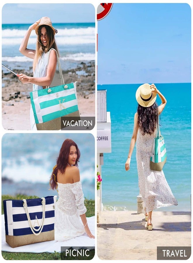 YOOLIFE Gifts for Sister - Blue Large Beach Bag Tote Travel Bag Women Initial - Image 5