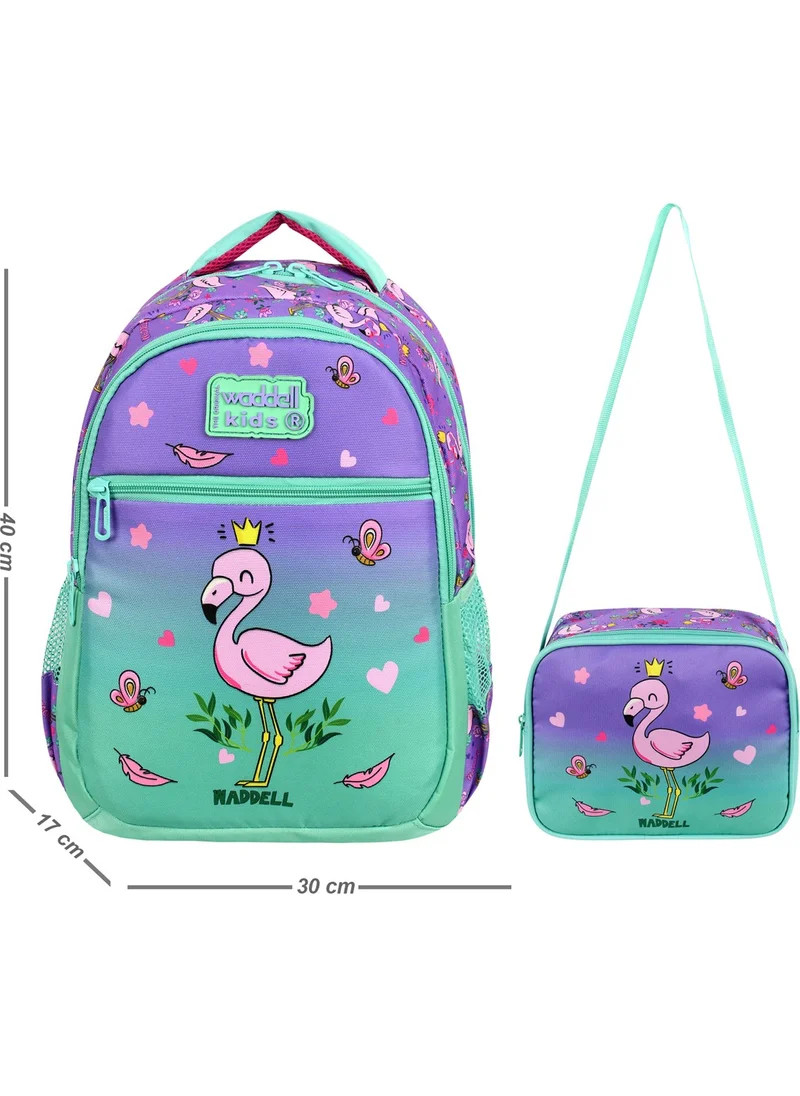 Waddell Licensed Aqua Green Lilac Flamingo Patterned Girls Primary School Backpack and Lunch Bag