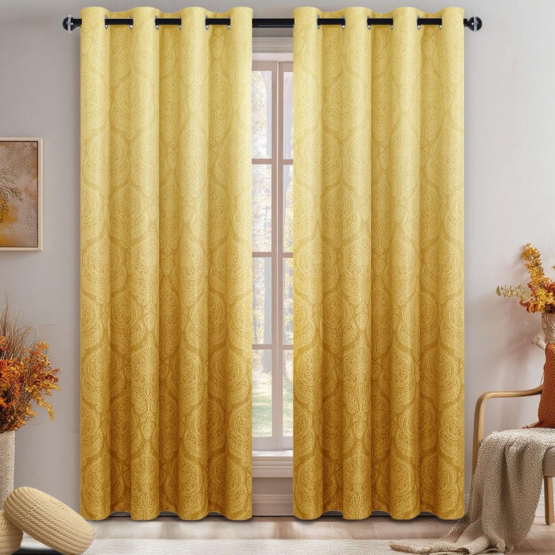 DWCN Ombre Blackout Curtains for Bedroom - Damask Patterned Thermal Insulated Energy Saving Grommet Curtains for Living Room, Set of 2 Gradient Window Curtain Panels, 52 x 84 Inches Long, Yellow - Image 1