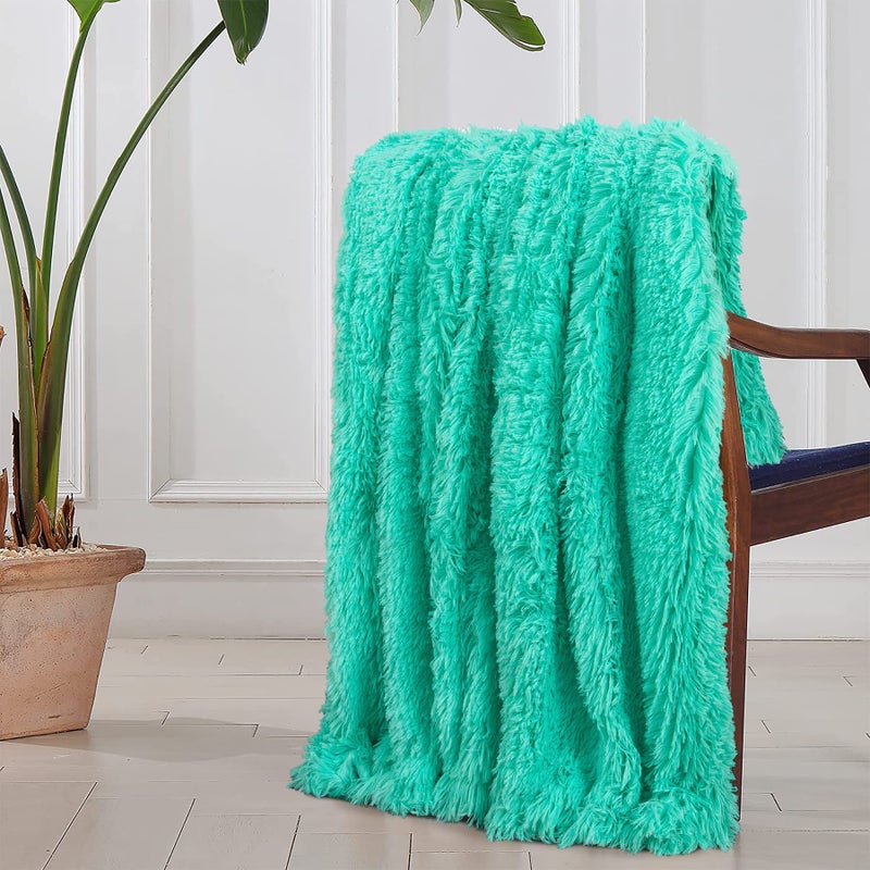 Tuddrom Decorative Extra Soft Faux Fur Throw Blanket 70""x78"" Solid Reversible Fuzzy Lightweight Long Hair Shaggy Blanket Fluffy Cozy Plush Fleece Comfy Microfiber Blanket for Couch Sofa Bed Teal Blue - Image 2