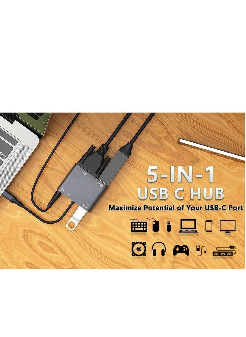 USB C Hub Adapter Multiport 5 in 1 VGA to HDMI Adapter with 4K HDMI, VGA, 100W Power Delivery, USB 3.0 Data Ports,3.5mm Audio/Microphone Port, HDMI to VGA Compatible with MacBook Air, XPS