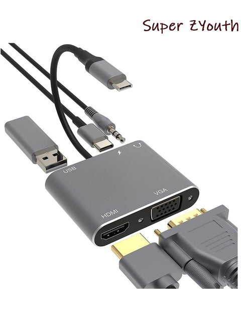 USB C Hub Adapter Multiport 5 in 1 VGA to HDMI Adapter with 4K HDMI, VGA, 100W Power Delivery, USB 3.0 Data Ports,3.5mm Audio/Microphone Port, HDMI to VGA Compatible with MacBook Air, XPS