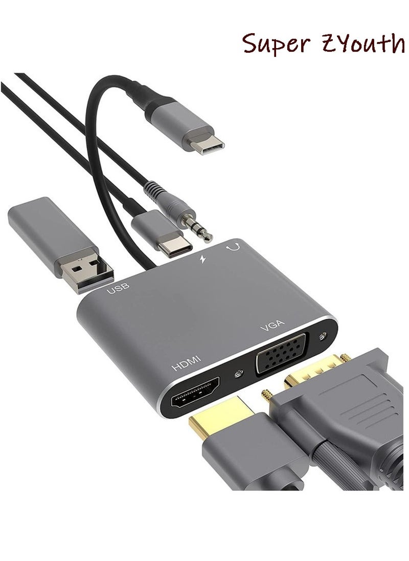 USB C Hub Adapter Multiport 5 in 1 VGA to HDMI Adapter with 4K HDMI, VGA, 100W Power Delivery, USB 3.0 Data Ports,3.5mm Audio/Microphone Port, HDMI to VGA Compatible with MacBook Air, XPS