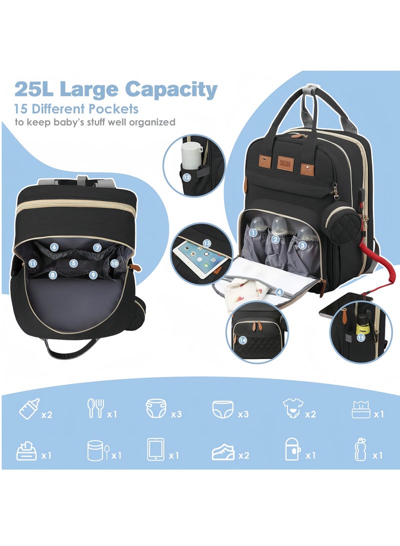بوراداي حقيبة حفاضات الأطفال حقيبة ظهر حقيبة حفاضات الأطفال حقيبة حفاضات ظهر مع وسادة تغيير محمولة متعددة الوظائف حقيبة تغيير حفاضات الأطفال الرضع، سعة كبيرة، مقاومة للماء، محطة تغيير حفاضات متعددة الوظائف للأولاد والبنات في الهواء الطلق والسفر، أسود - Image 3