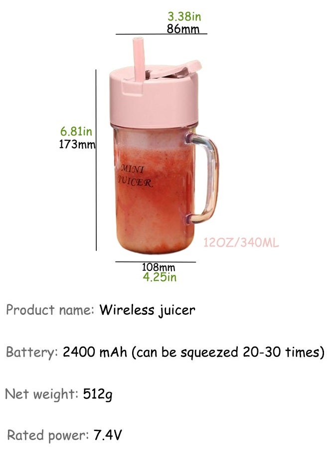 VUCATIN - Personal Blender for Shakes and Smoothies Portable Smoothie Juicer with 10 Blades Handle and Straw Lid BPA Free USB Rechargeable Suitable for Travel Home Office Gym (Pink) - Image 1
