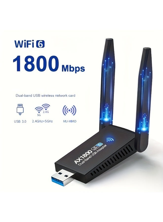 نيكور محول شبكة لاسلكي USB (WiFi) - سرعة 1800 ميجابت في الثانية، ثنائي النطاق (2.4 جيجاهرتز/5 جيجاهرتز)، مستقبل شبكة خارجي، منفذ USB 3.0، بلوتوث 5.0، يدعم تقنية WiFi 6، متوافق مع أجهزة الكمبيوتر المكتبية والمحمولة، وأنظمة التشغيل Windows 11/10/8/7. - Image 1