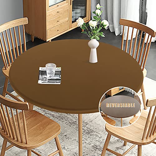 Obstal Obstal Fitted Round Table Cloth Reversible Waterproof Stain Resistant Elastic Stretch Tablecloth Wipe Clean Table Cover for OutdoorIndoor Use Fits Round Tables up to 40  44 Diameter Coffee 