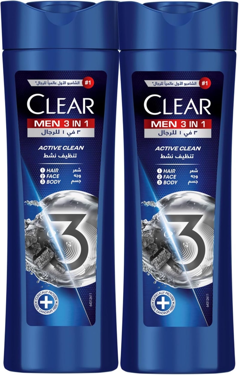 Clear Men Complete Care 3in1 Shampoo For Hair, Face & Body With Activated Charcoal for 100% dandruff free hair and moisturized skin, 400ml Pack of 2, white - Image 1