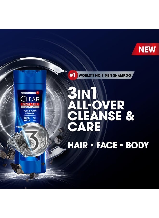 Clear Men Complete Care 3in1 Shampoo For Hair, Face & Body With Activated Charcoal for 100% dandruff free hair and moisturized skin, 400ml Pack of 2, white - Image 3