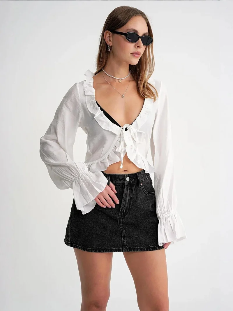 MixRay Mixray Frilly V-Neck Long Sleeve Crop Blouse