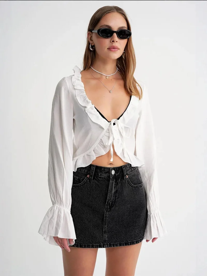 MixRay White Mixray Frilly V-Neck Long Sleeve Crop Blouse for Women | Best Price UAE