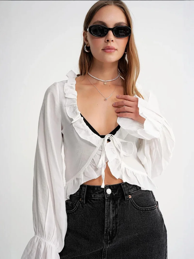MixRay White Mixray Frilly V-Neck Long Sleeve Crop Blouse for Women | Best Price UAE