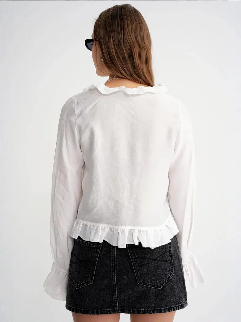 MixRay White Mixray Frilly V-Neck Long Sleeve Crop Blouse for Women | Best Price UAE