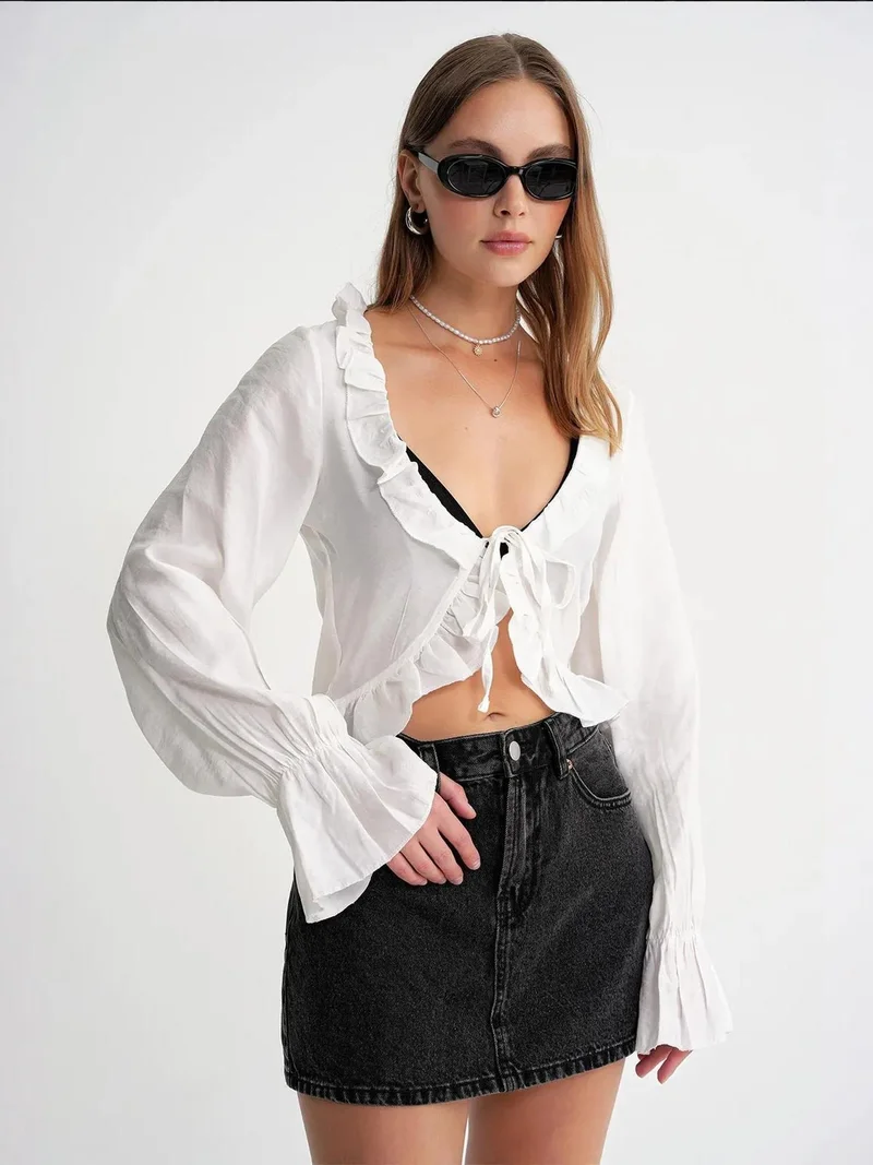 MixRay White Mixray Frilly V-Neck Long Sleeve Crop Blouse for Women | Best Price UAE
