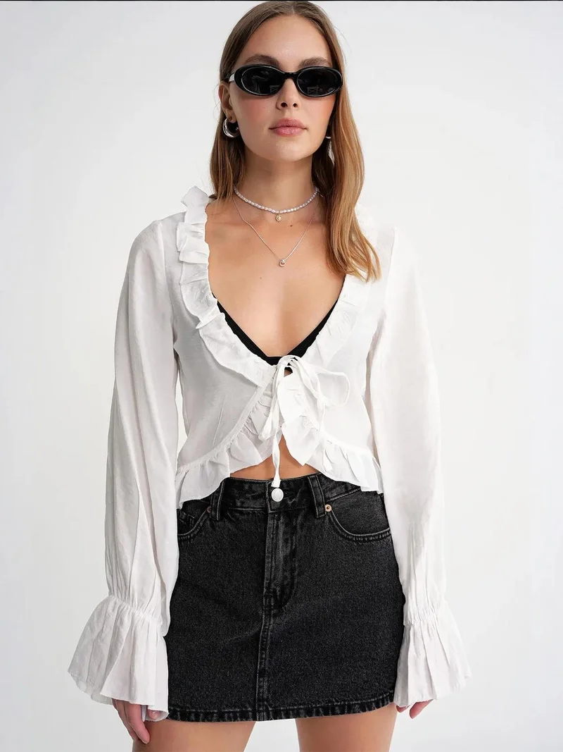 MixRay White Mixray Frilly V-Neck Long Sleeve Crop Blouse for Women | Best Price UAE