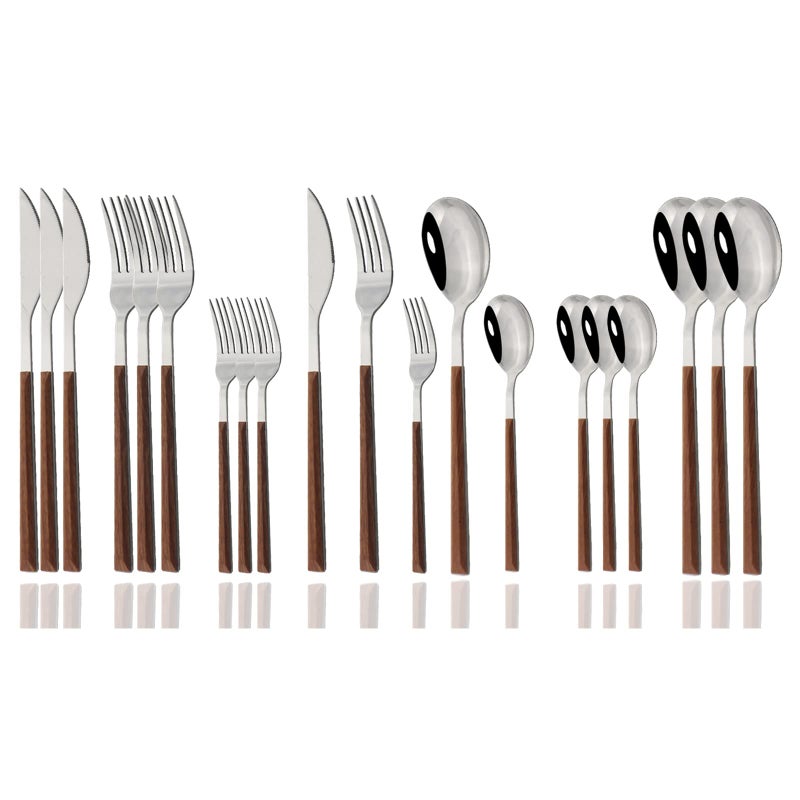 JASHII Silver Stainless Steel Cutlery Sets of 4 with Wooden Wide Square Handles Dinner Spoons Knife and Fork Set Flatware Set Tableware Dinnerware 20 pieces
